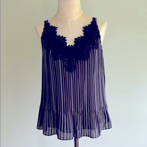 Chico's Tops - Black and White Striped Pleated Sleeveless Top with Lace